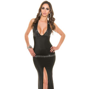 Koucla - Halter Jurk Shine - Hoge Split - Strass - Zwart