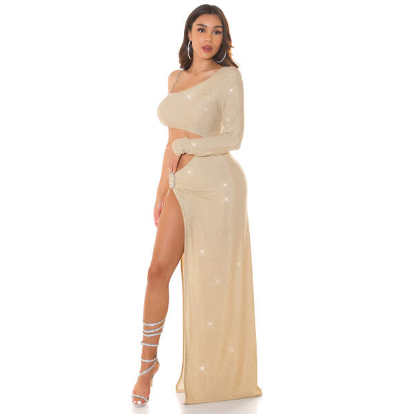 Koucla - Maxi Jurk - One Shoulder - Hoge Split - Strass Accenten - Goud - Afbeelding 4