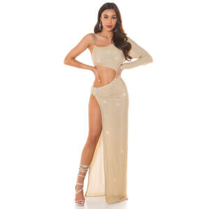 Koucla - Maxi Jurk - One Shoulder - Hoge Split - Strass Accenten - Goud