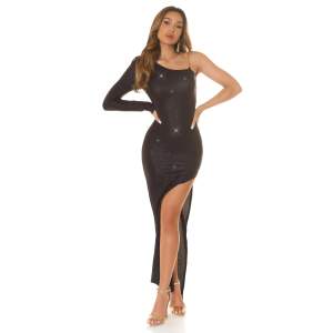 Koucla - Maxi Jurk - One Shoulder - Hoge Split - Gouden Kettingen - Zwart