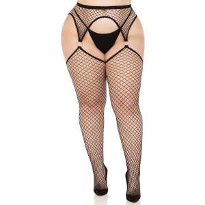 Leg Avenue - Visnet Kousen met Jarretelgordel - Grove Visnet - Zwart XL+