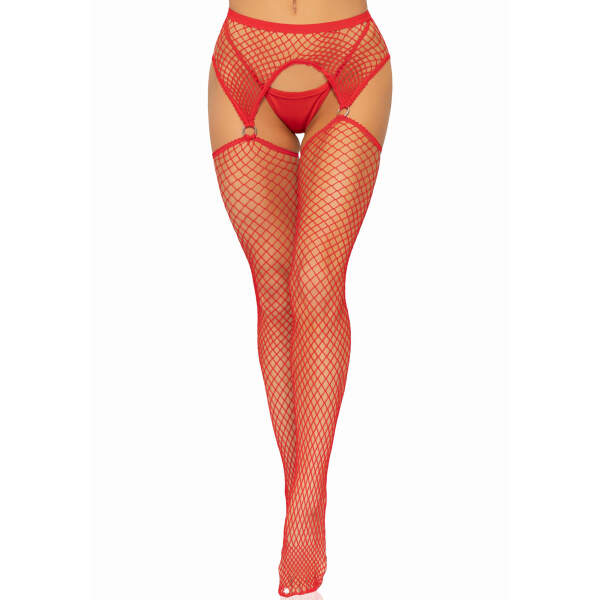 Leg Avenue - Visnet Kousen met Jarretelgordel - Grove Visnet - Rood - Afbeelding 4