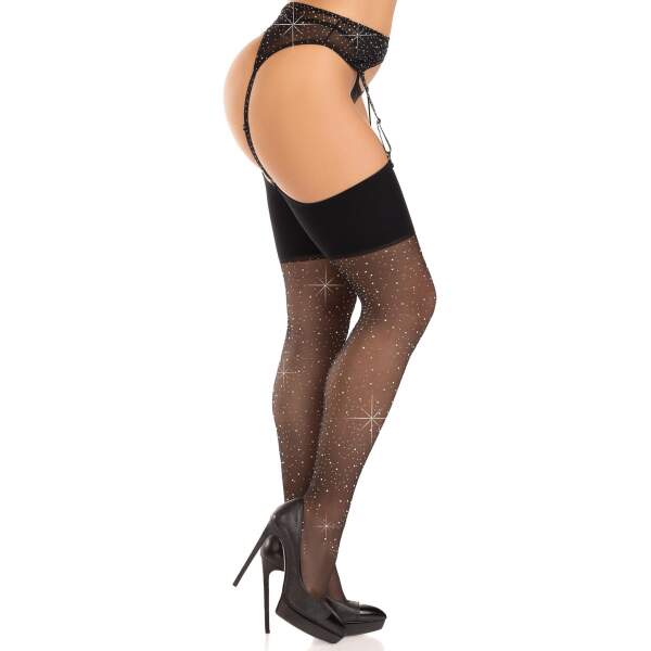 Leg Avenue - Kousen - Spandex - Strass - Brede Boord - Zwart - Afbeelding 3