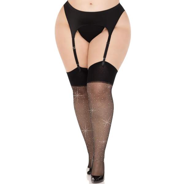 Leg Avenue - Kousen - Spandex - Strass - Brede Boord - XL+ - Zwart