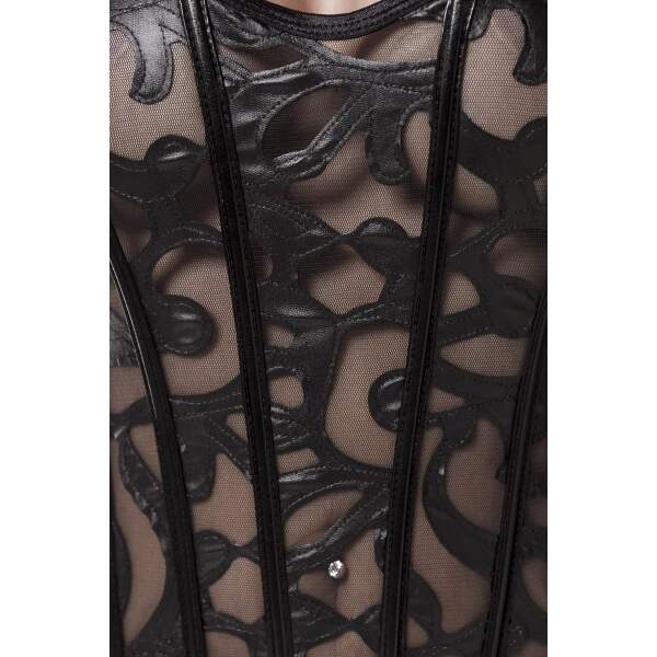 Grey Velvet - Kanten Corset - Afneembare Jarretelles- Wetlook String - Zwart - Afbeelding 3