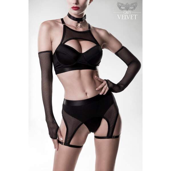 Grey Velvet - Erotic Set - 5-delig - Handschoenen - Heupgordel - Choker - Zwart