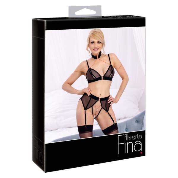 Abierta Fina by Cottelli Collection - Jarretelelset - 2-delig - Kettingen - Strass - Gaas - Zwart - Afbeelding 7