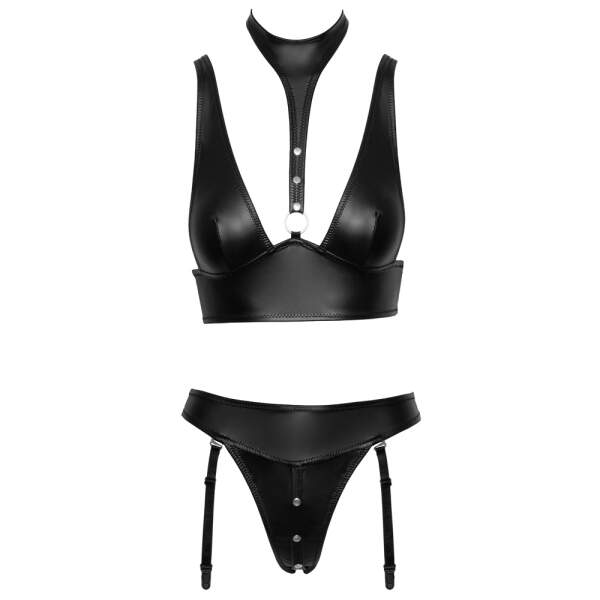 Cottelli Collection - Bondage Set - BH met Collar - Jarretels  - Wetlook - Zwart - Afbeelding 7
