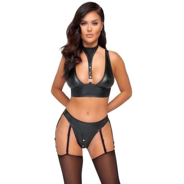 Cottelli Collection - Bondage Set - BH met Collar - Jarretels  - Wetlook - Zwart - Afbeelding 3