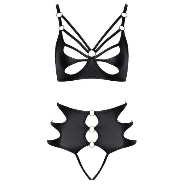 Cottelli Collection - Setje Straps - BH - Taillestring - Open Kruis - Ringen-  Wetlook - Zwart - Afbeelding 6