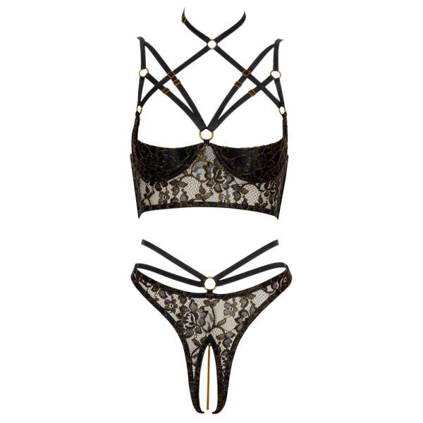 Abierta Fina - 2-delige Set - Open Cup - Open Kruis - Straps - Goudaccenten - Kant - Zwart - Afbeelding 7