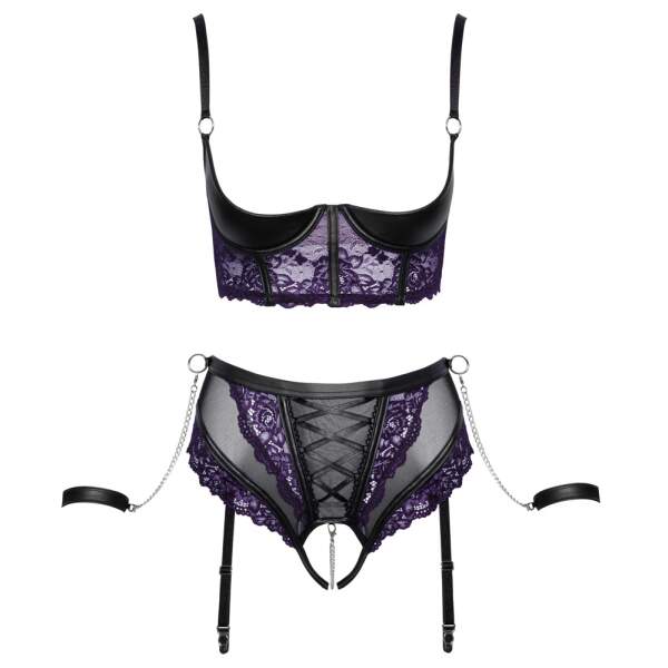 Cottelli Collection - Bondage Jarretelelset - 3-delig - Open Cup BH - Kruisloze Jarretelslip - Handboeien - Kant - Wetlook - Zwart - Afbeelding 7
