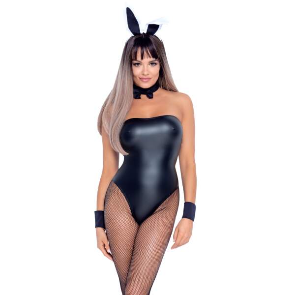 Cottelli Costumes - Bunny Set - 4-Delig - Strapless Body - Wetlook - Zwart - Afbeelding 3