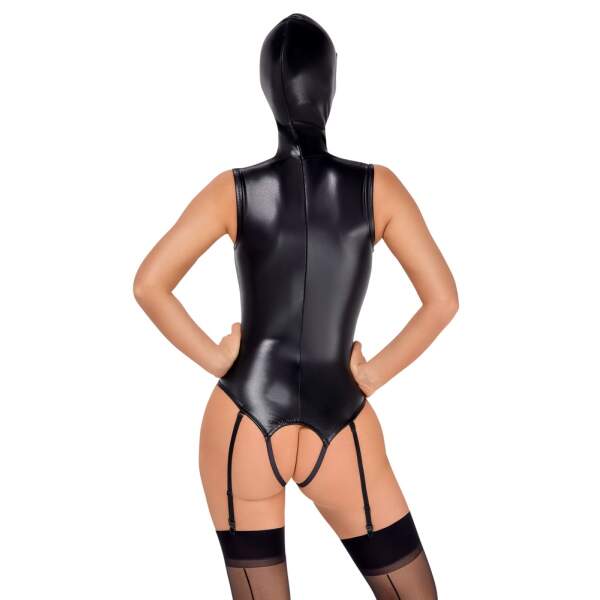 Bad Kitty - Body met Vast Hoofdmasker - Open Cups - Open Kruis - Jarretelles - PU-leer - Zwart - Afbeelding 2