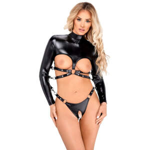 Bad Kitty - Bondage - Open Cup Set - Top - Lange Mouwen - Open Kruis String - PU-leer - Zwart