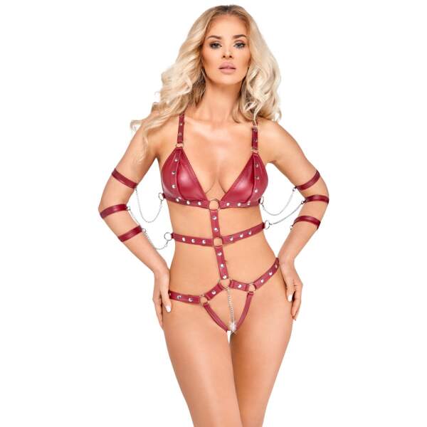 Bad Kitty - Harnas Body - Arm Boeien - Studs - Straps - Wetlook - Rood - Afbeelding 2