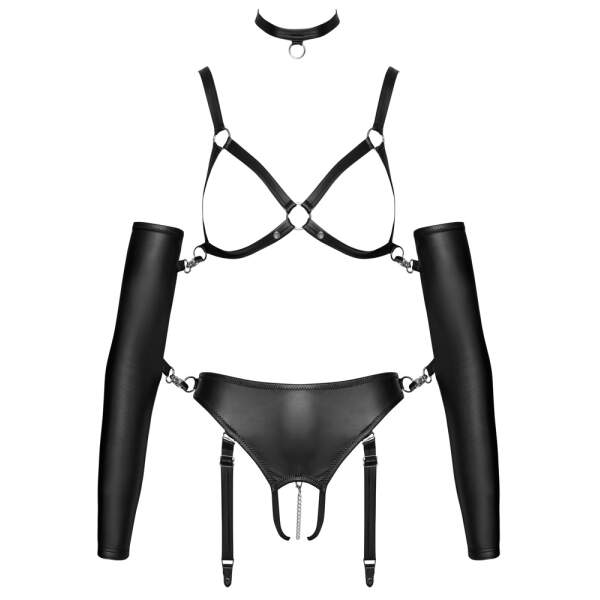 Bad Kitty - Bondage Set - Open Cup BH - Jarretel String met Open Kruis - Handschoenen - Collar - Wetlook - Zwart - Afbeelding 4
