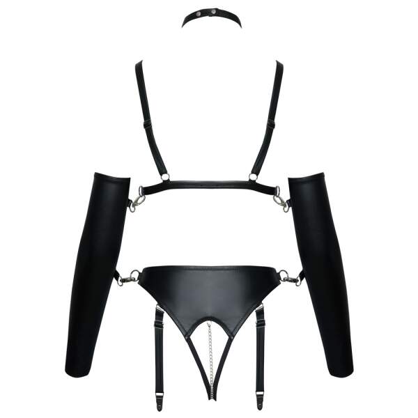 Bad Kitty - Bondage Set - Open Cup BH - Jarretel String met Open Kruis - Handschoenen - Collar - Wetlook - Zwart - Afbeelding 5