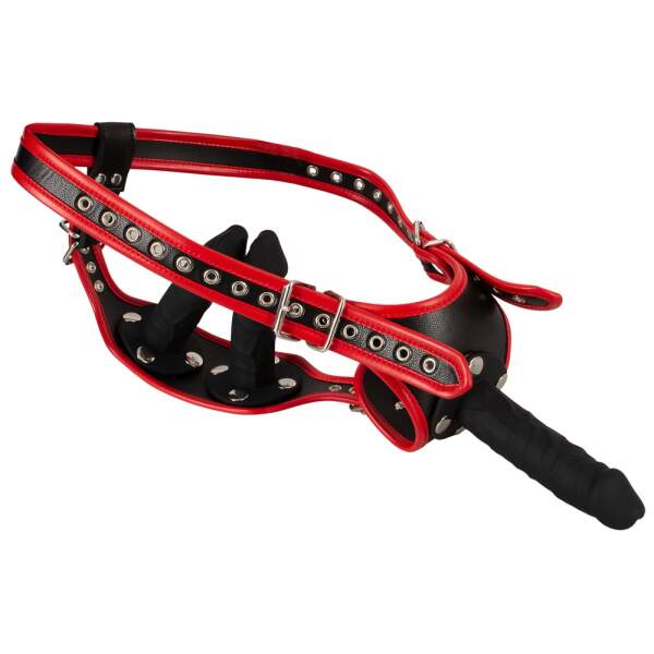 Bad Kitty - Dildo String - Voorbind Harnas - 3 Dildo's - Verstelbaar - Pu-leer - Zwart - Rood - Afbeelding 2