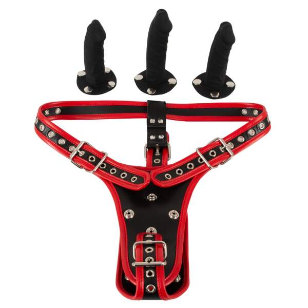 Bad Kitty - Dildo String - Voorbind Harnas - 3 Dildo's - Verstelbaar - Pu-leer - Zwart - Rood - Afbeelding 5
