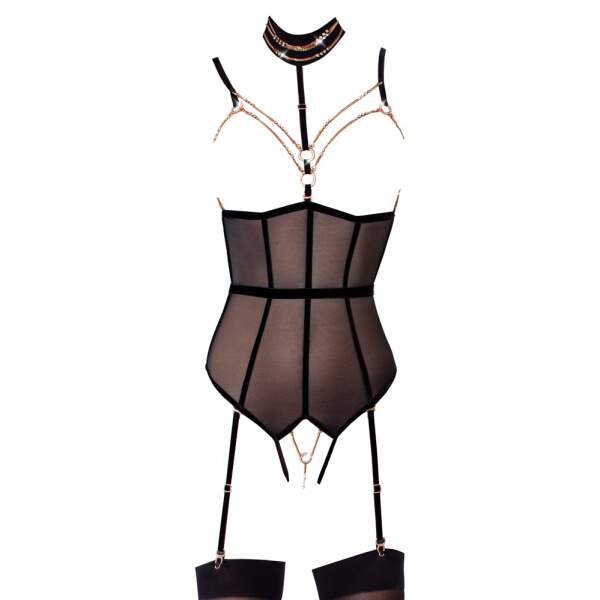 Abierta Fina by Cottelli Collection - Gaasbody Met Choker - Strass - Afneembare Jarretelles - Zwart - Afbeelding 4
