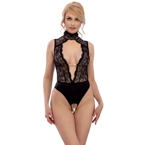 Abierta Fina by Cottelli Collection - Kanten Body - Open Kruis - Strass - Zwart