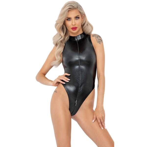 Noir Handmade - String Body - Snake Print - 3-Zijdige Rits - Wetlook - Zwart - Afbeelding 4