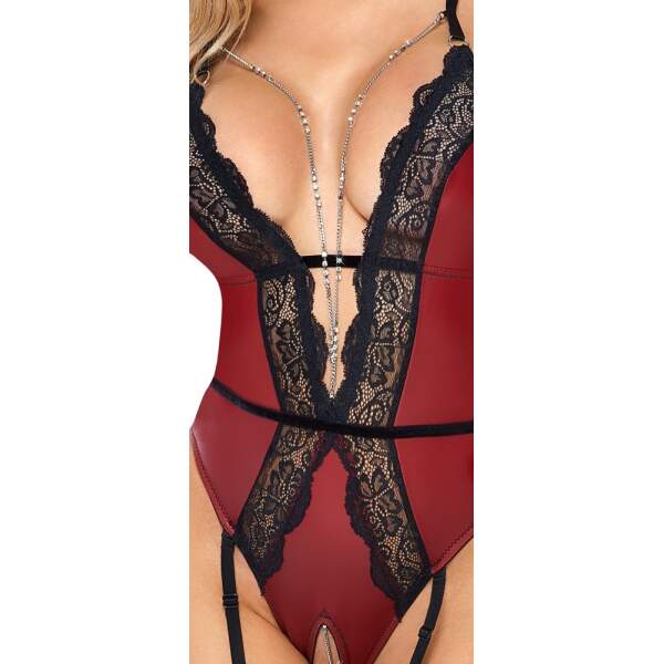 Abierta Fina - Kruisloze Body - Jarretelles - Kant - Wetlook - Rood - Afbeelding 5