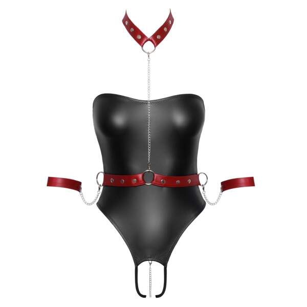 Cottelli Collection - Bondage Body - Kruisloos - Collar - Handboeien - Wetlook - Zwart - Afbeelding 7
