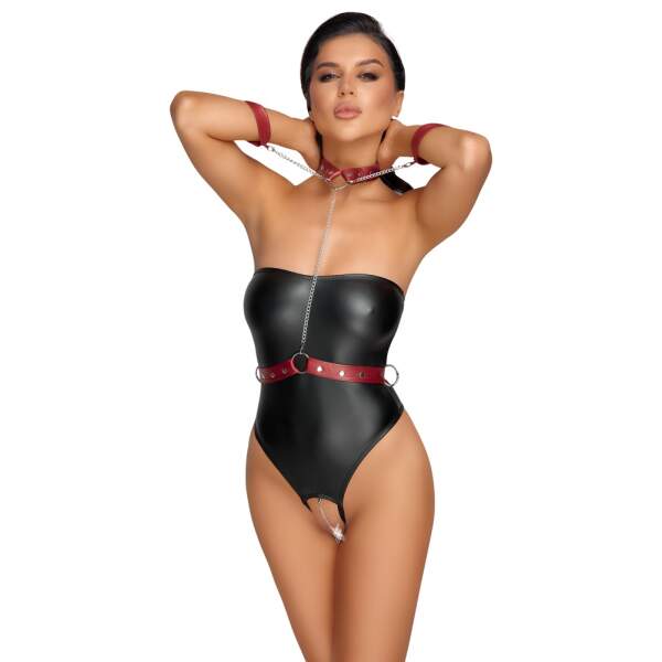 Cottelli Collection - Bondage Body - Kruisloos - Collar - Handboeien - Wetlook - Zwart - Afbeelding 3
