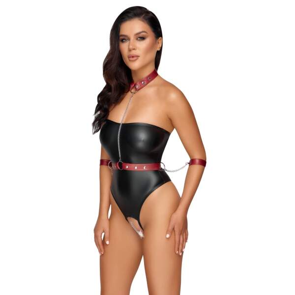 Cottelli Collection - Bondage Body - Kruisloos - Collar - Handboeien - Wetlook - Zwart - Afbeelding 5