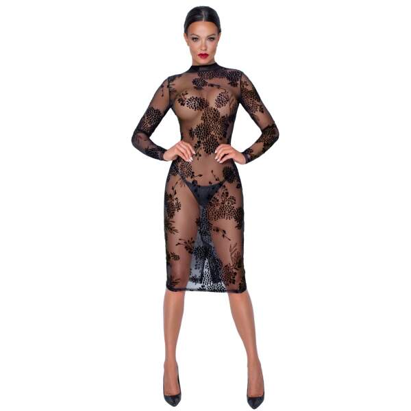 Noir Handmade - Midi Jurk - Gaas - Flockprint - Lange Mouwen - Zwart