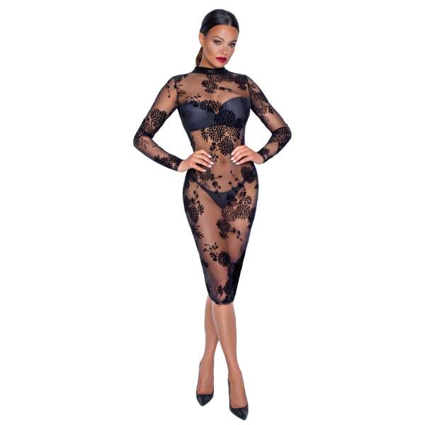 Noir Handmade - Midi Jurk - Gaas - Flockprint - Lange Mouwen - Zwart - Afbeelding 2