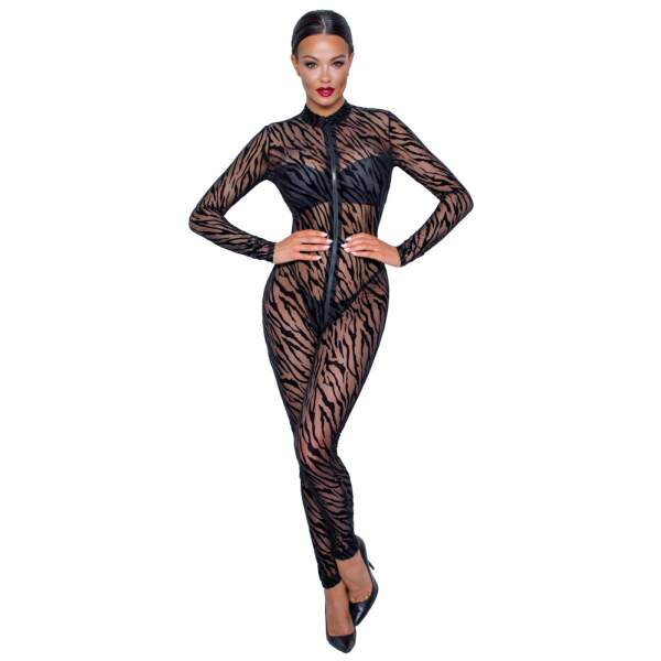 Noir Handmade - Catsuit Safari - Gaas - Flockprint - 3-zijdige Rits - Zwart - Afbeelding 2