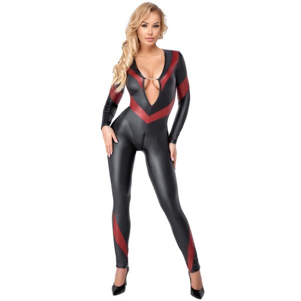 Cottelli Collection - Catsuit - Rode Banen - Wetlook - Zwart