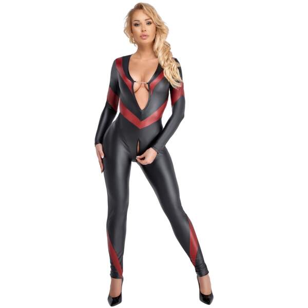 Cottelli Collection - Catsuit - Rode Banen - Wetlook - Zwart - Afbeelding 2