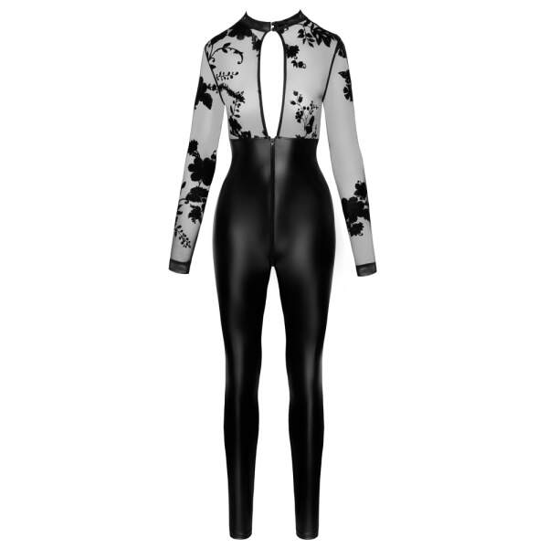Noir Handmade - Catsuit - Gaas Top met Flockprint - Wetlook - Zwart - Afbeelding 5