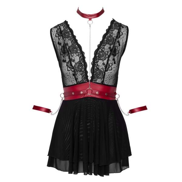 Cottelli Collection - Bondage Babydoll - Zwart Kant - Gaas Rok - Rode Collar - Rode Taillegordel - Zwart - Afbeelding 5