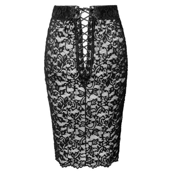 Noir Handmade - Midi Rok - Kant - Vetersluiting - Wetlook - Zwart - Afbeelding 5