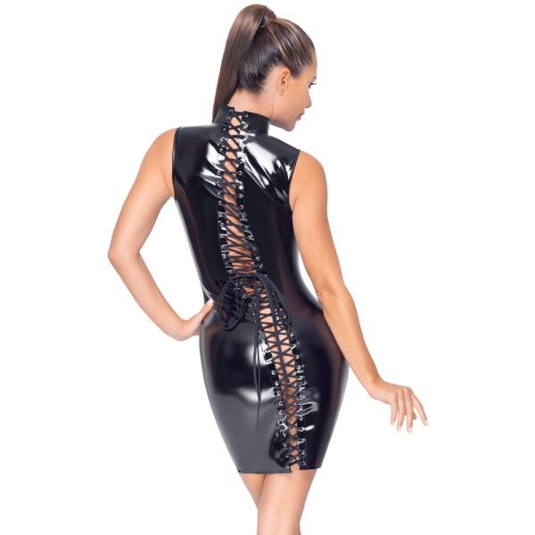 Black Level - Midi Lak Jurk - Vetersluiting Rug - Zwart