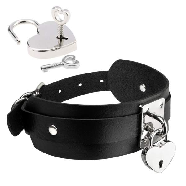 Kinky Diva - Collar Heart Lock - Choker - BDSM - PU Leer - Zwart - Zilver - Afbeelding 3