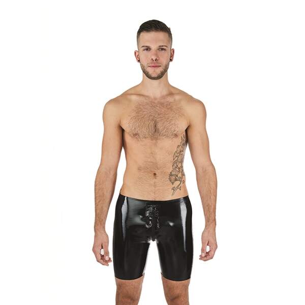 Mr. B - Fucker Short - Rode Banen - 3-zijdige Rits - Lange Pijpen - Latex - Zwart - Afbeelding 3