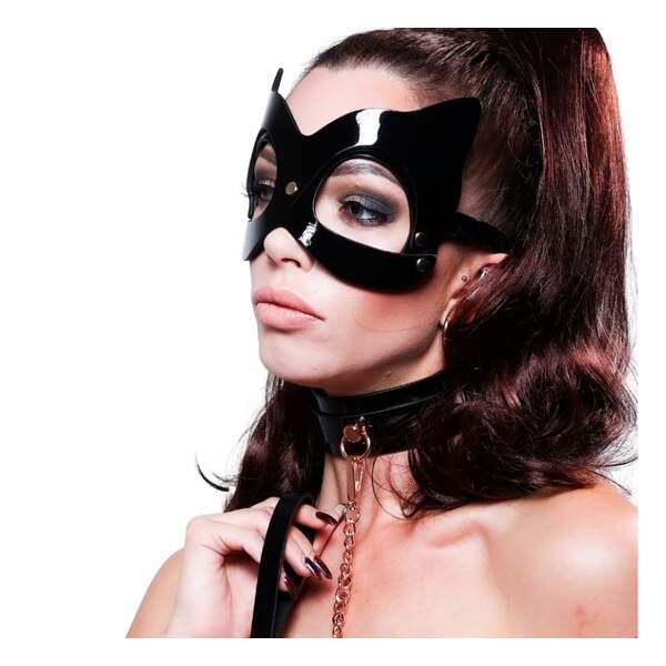 Kinky Diva - Cat Mask - BDSM - Lak - Verstelbaar - Zwart - Goud - Afbeelding 2