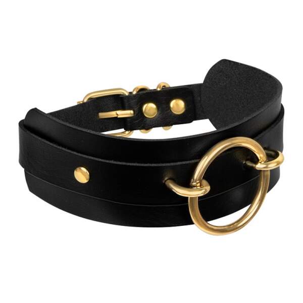 Kinky Diva - O-Ring Collar - Choker - BDSM - PU Leer - Zwart - Goud - Afbeelding 3