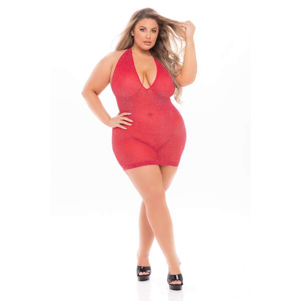 Pink Lipstick - Plunge Halter Dress - Plus Size - Rood