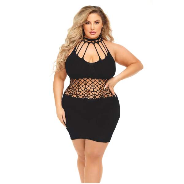 Pink Lipstick - Rich B - Visnet Bodystocking Jurkje - Plus Size - Zwart