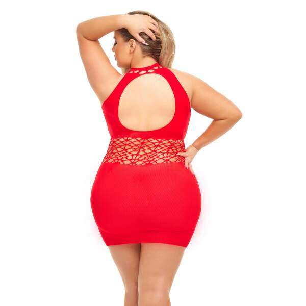 Pink Lipstick - Rich B - Visnet Bodystocking Jurkje - Plus Size - Rood - Afbeelding 2