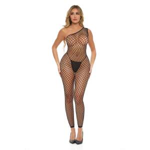 Pink Lipstick - Bodystocking - Asymmetrisch - Visnet - Zwart