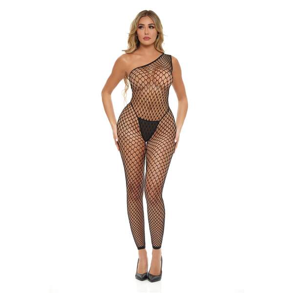 Pink Lipstick - Bodystocking - Asymmetrisch - Visnet - Zwart