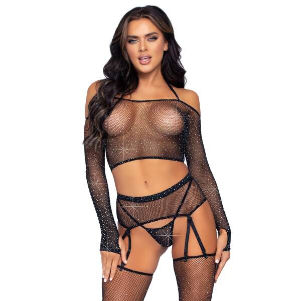 Leg Avenue - Lingerieset - Strass - Glitters - 4-delig - Jarretelles - Zwart
